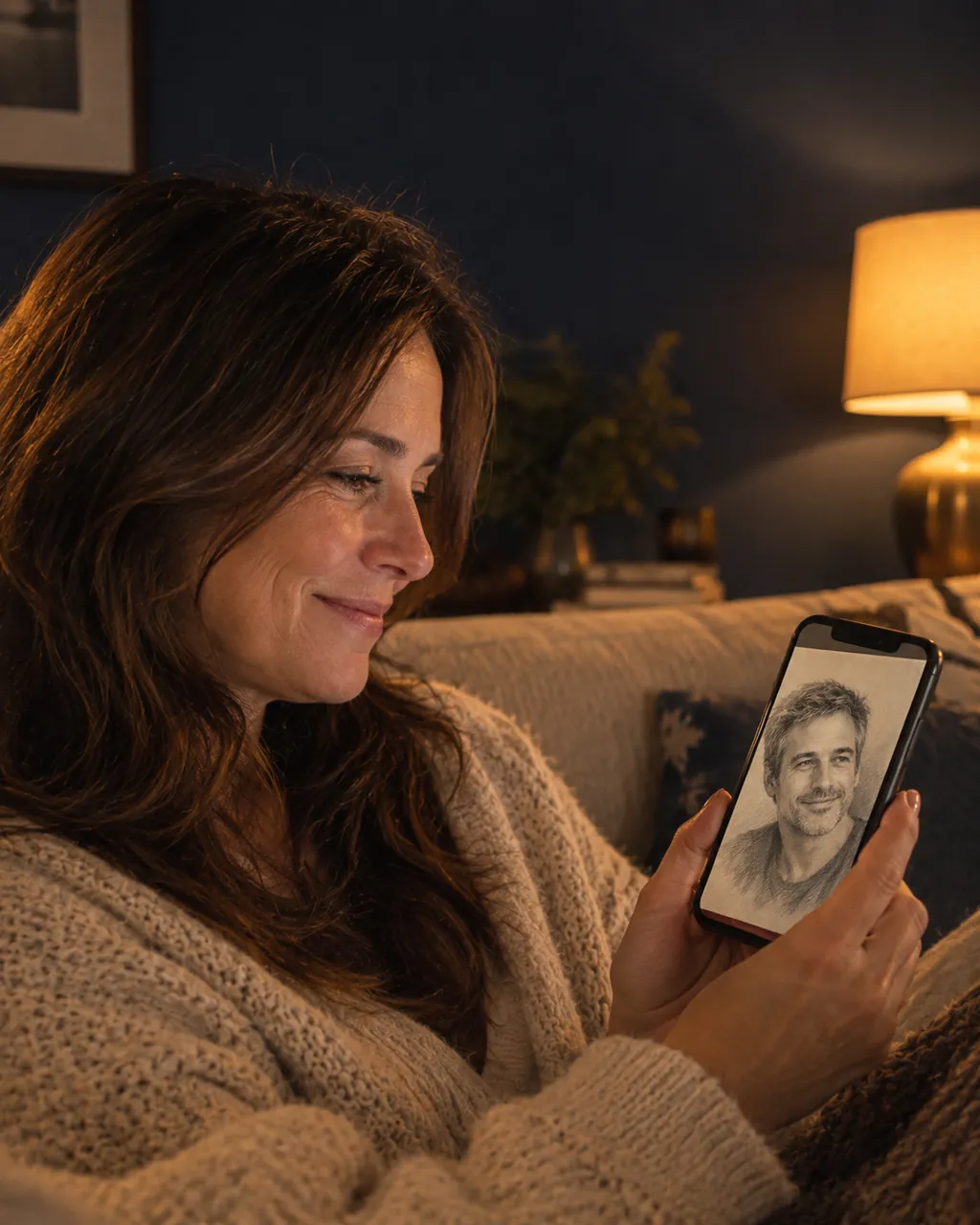 A woman with long brown hair relaxes on a sofa in the evening, smiling as she looks at a pencil portrait of a man on her phone