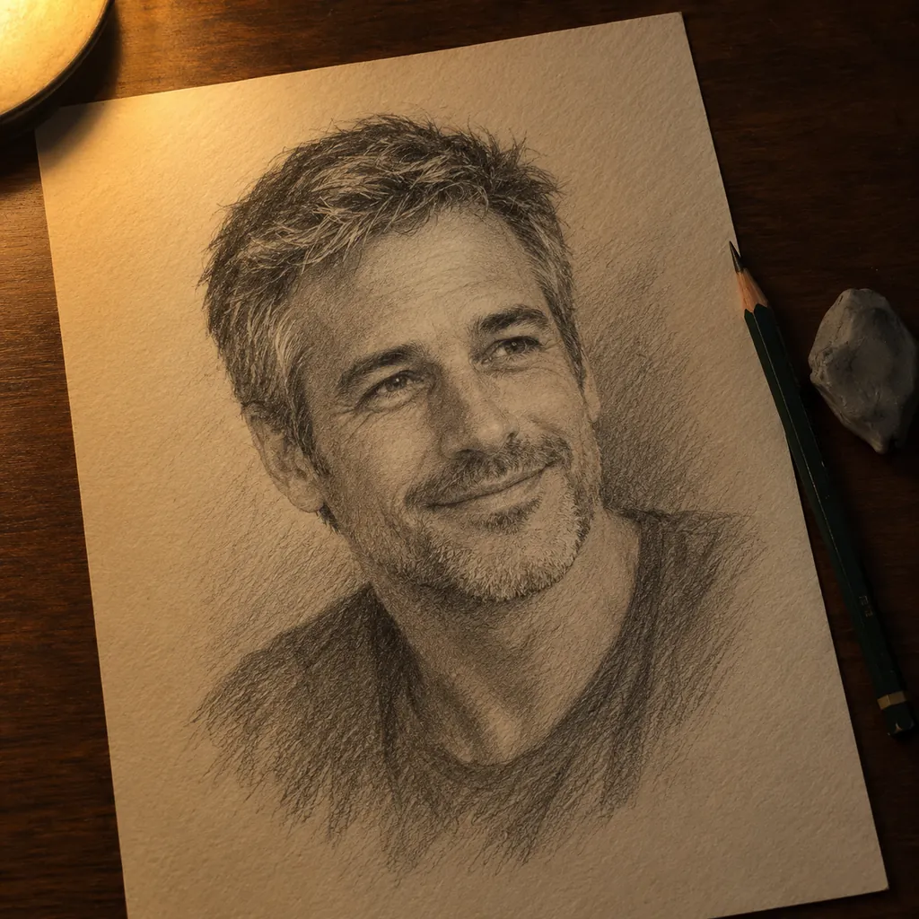 Example graphite pencil portrait of a smiling man in his forties with short graying hair and stubble, on textured paper next to a pencil and an eraser