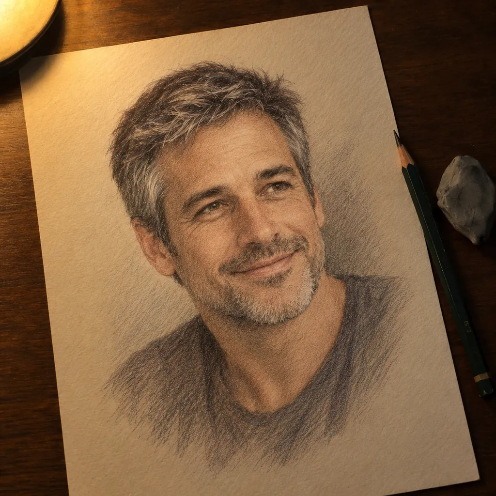 The same example portrait with soft colored-pencil tones added, showing warm brown eyes